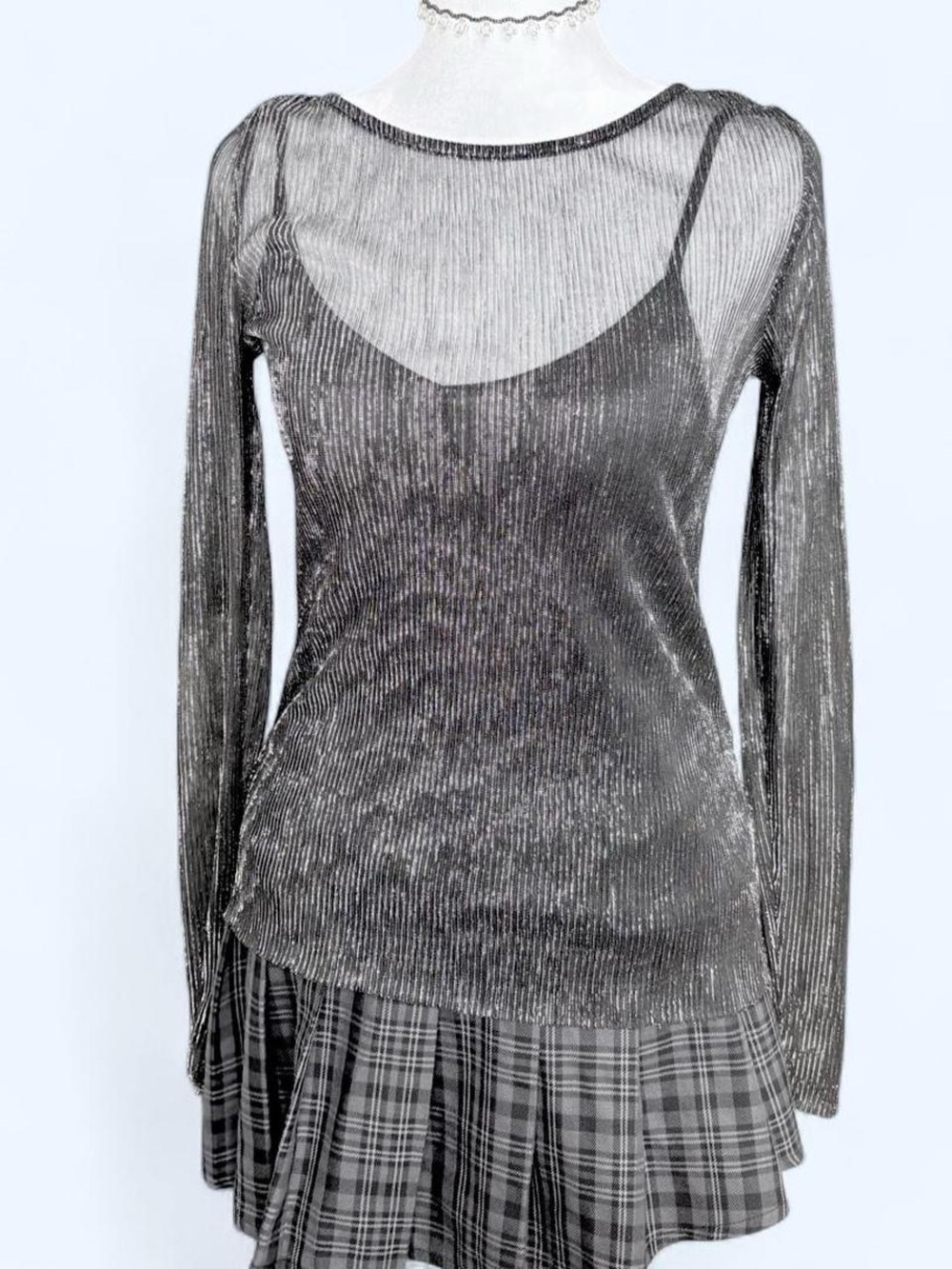 Mesh Sheer Long-Sleeve Metallic Black Top